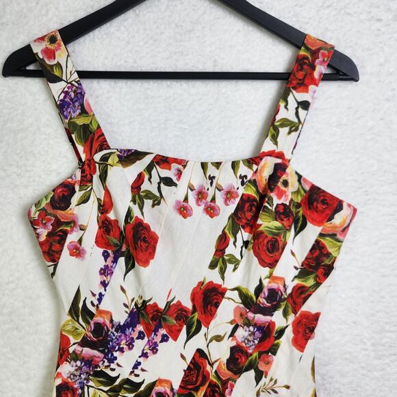 Boston Proper Bias Cut Fit Flare Midi Dress Sz 6 Bright Floral Linen Square Neck - Picture 4 of 16